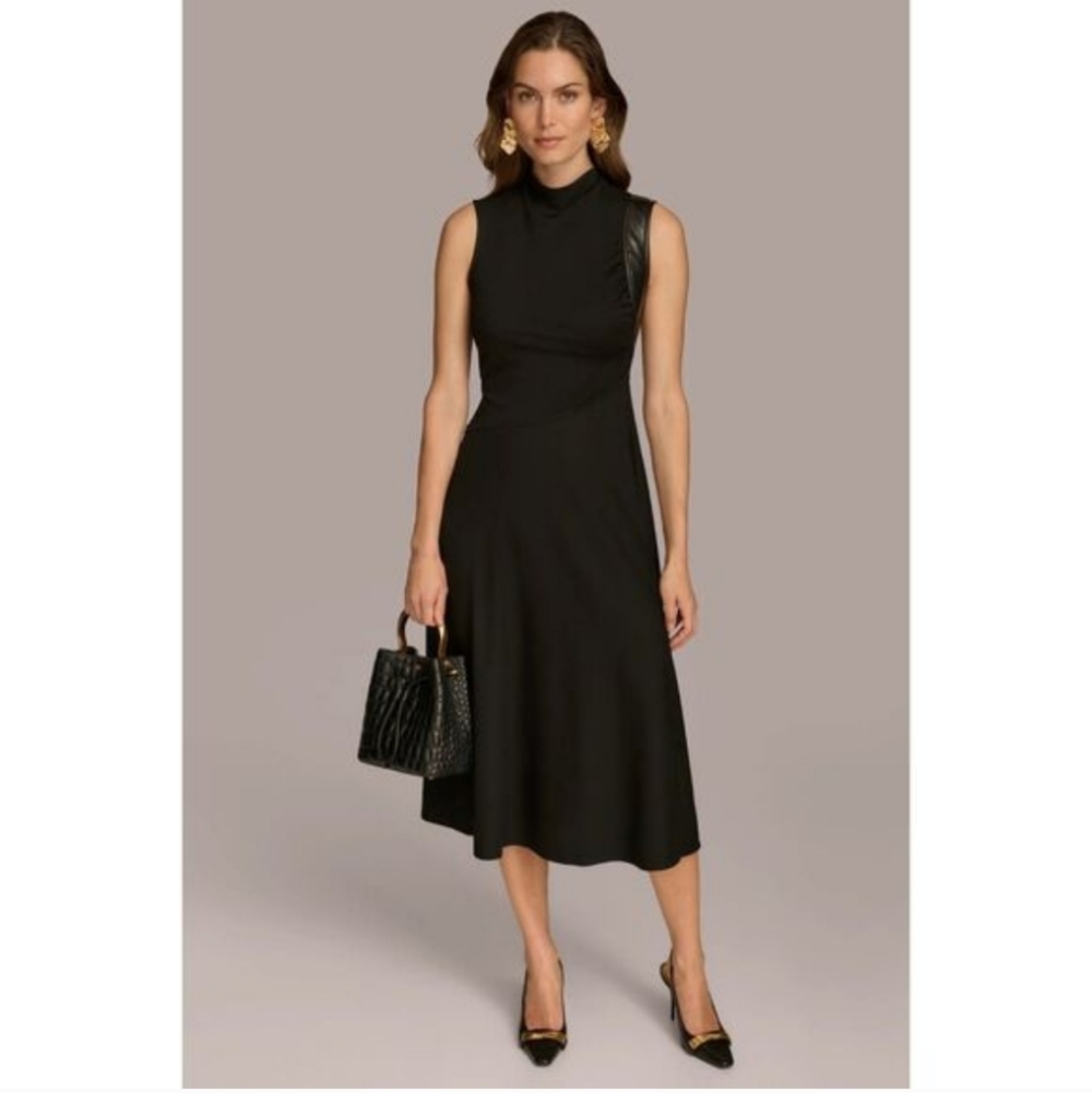 NWOT Donna Karan Mock Neck A-Line Midi Dress with Faux Leather Trim